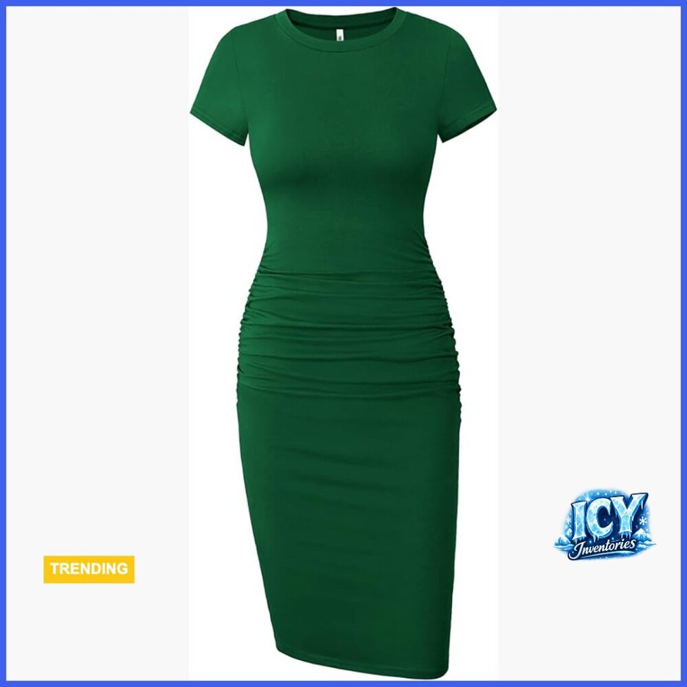 Short Sleeve Ruched Bodycon Midi Dress with Recycled Material
